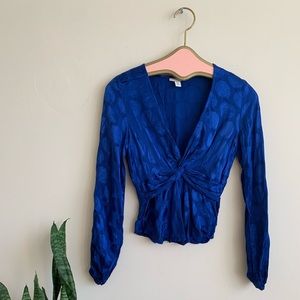 Top Shop Jacquard Polka Dot Satin Blue Blouse